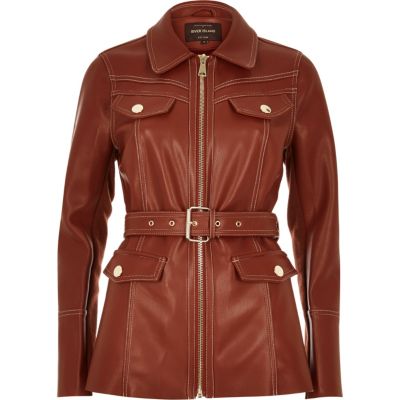 Rust brown leather-look trench jacket